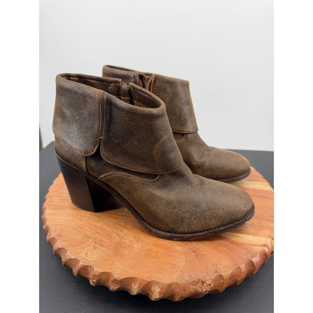 Trask Teri fold over Brown Leather Ankle Booties 9.5 Distressed Block Heel Zip